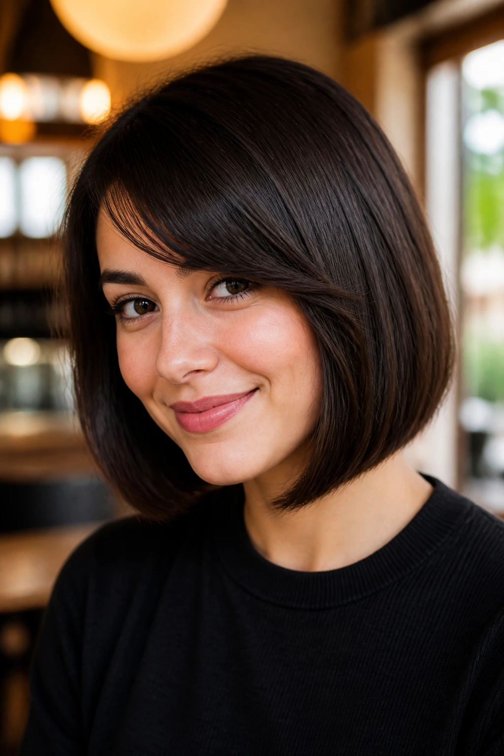 Close-up of a real woman with blunt bob and swooped bangs in cafe lighting