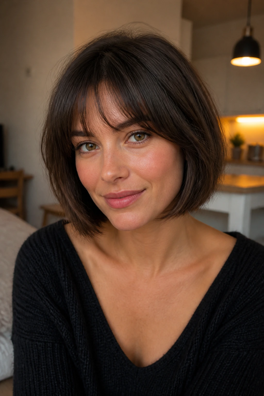 Close-up of a woman with blunt bob and tapered bangs in a warm apartment