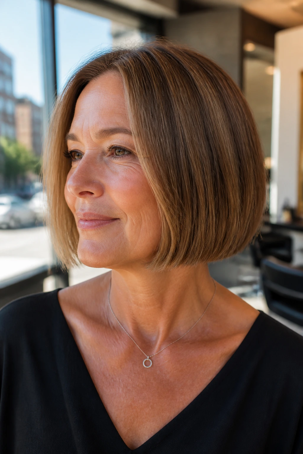 Close-up of a real woman with a blunt bob featuring soft internal texture under warm window light