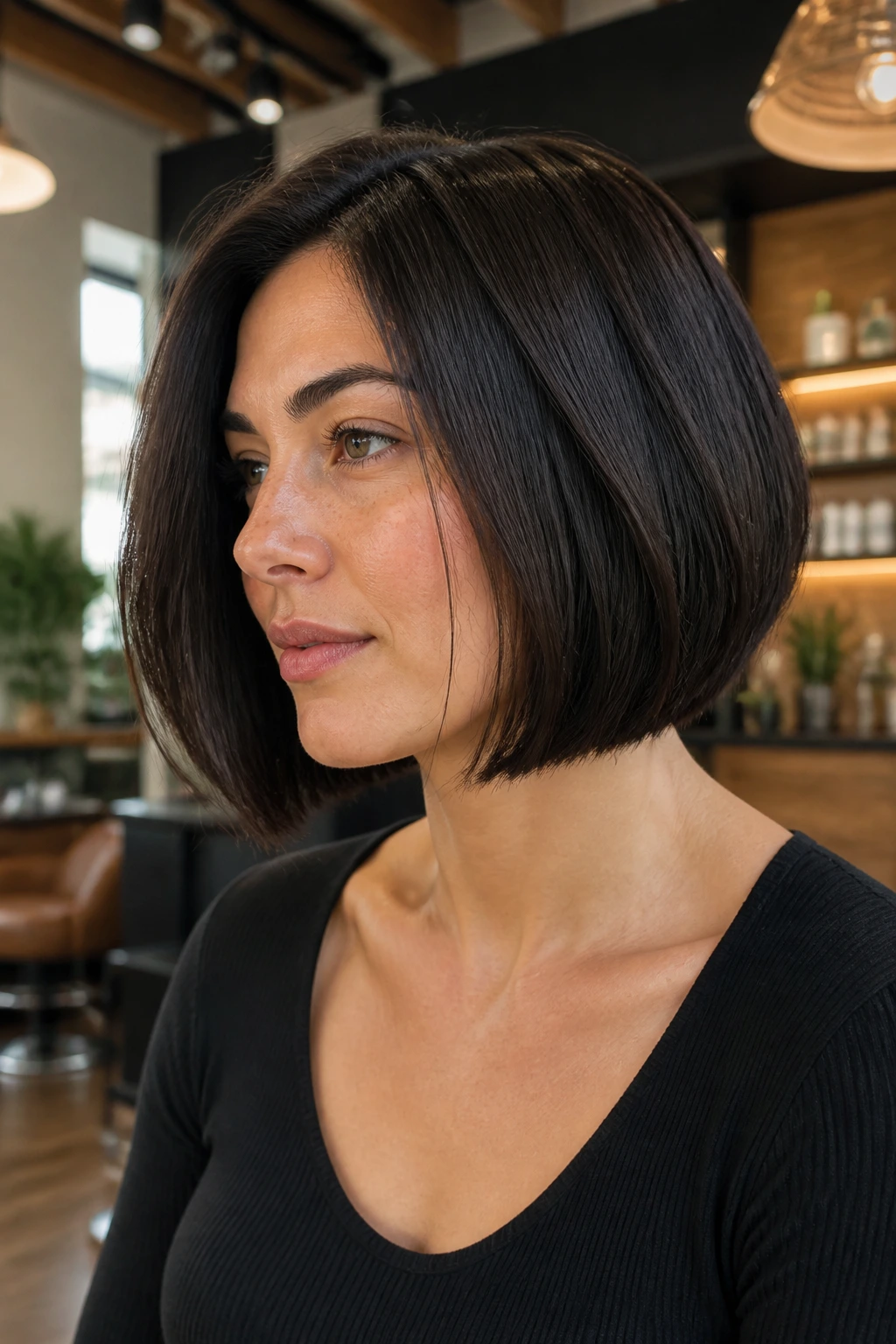 Close-up of real woman with blunt bob on thick hair showing blunt perimeter