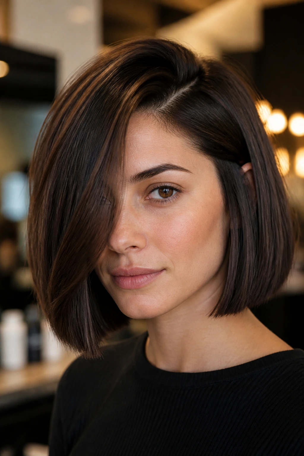 Close-up portrait of a real woman with a deep side-part blunt bob on thick hair