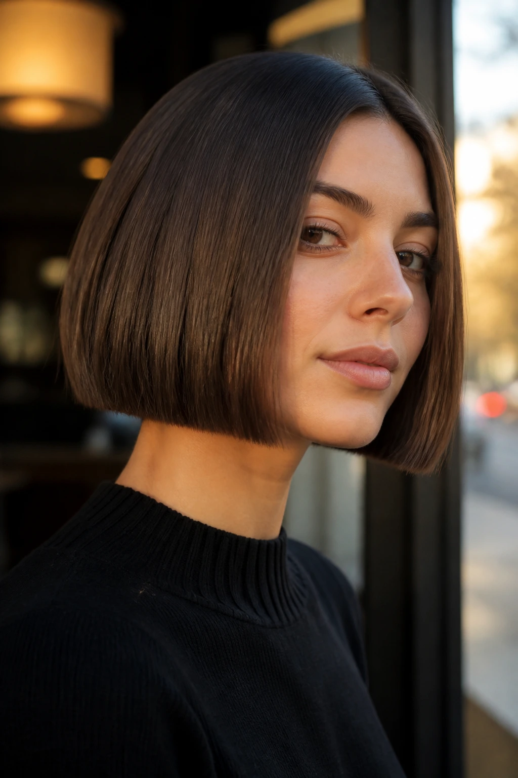 Close-up of a woman with a chin-length blunt bob.