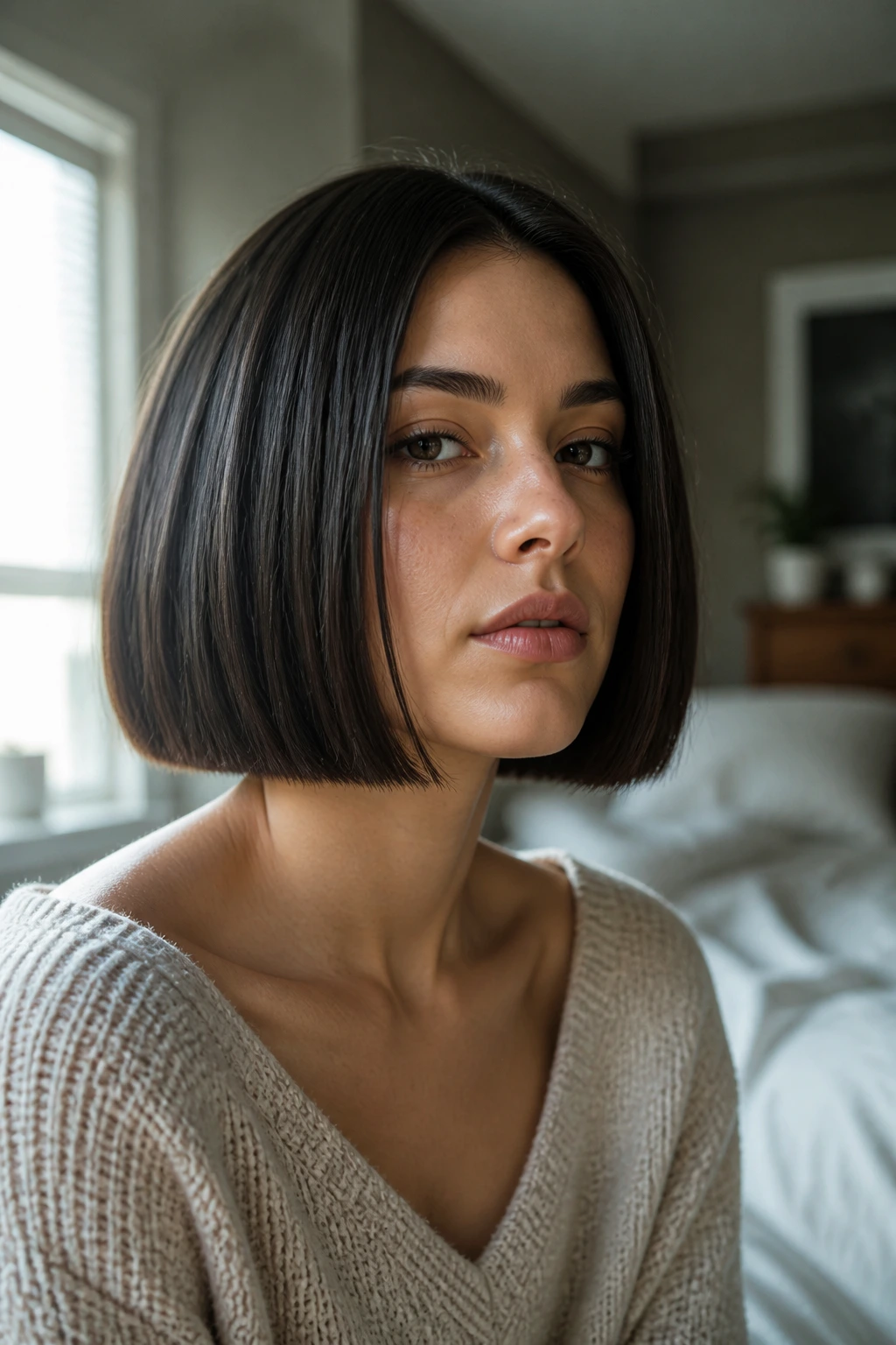 Close-up portrait of a real person with a blunt bob on thick hair