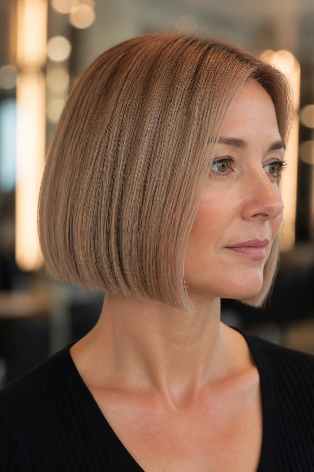 Portrait of real person with blunt bob showing solid hem for thin hair.