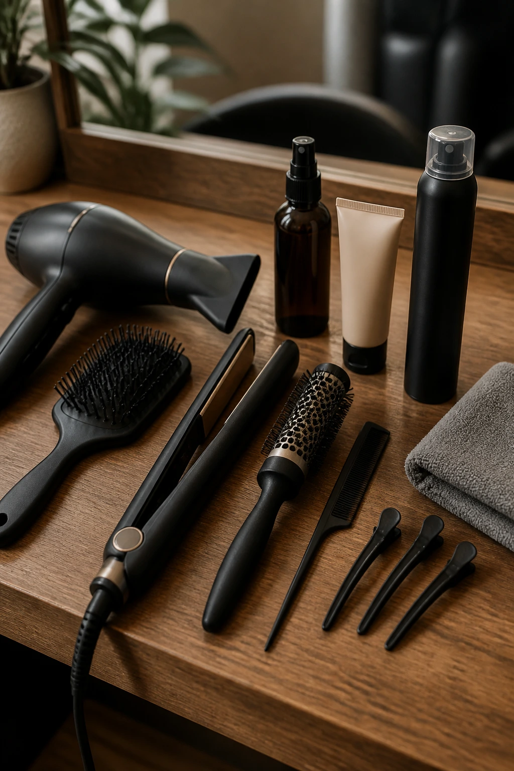 Close-up of hair styling tools arranged on a wooden counter in a salon, ready for blunt bob maintenance