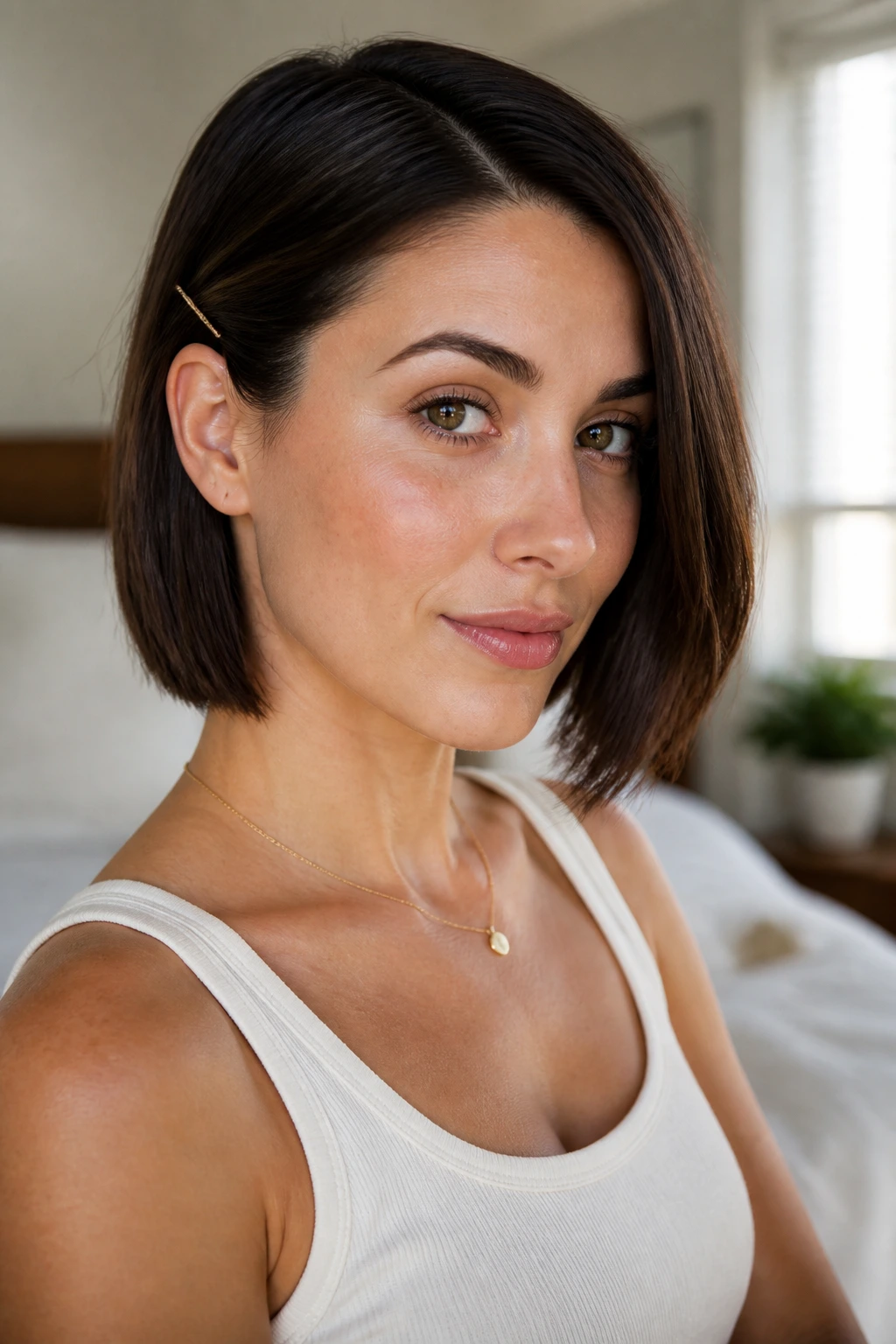 Close-up of a real woman with a chin-length blunt bob tucked behind one ear