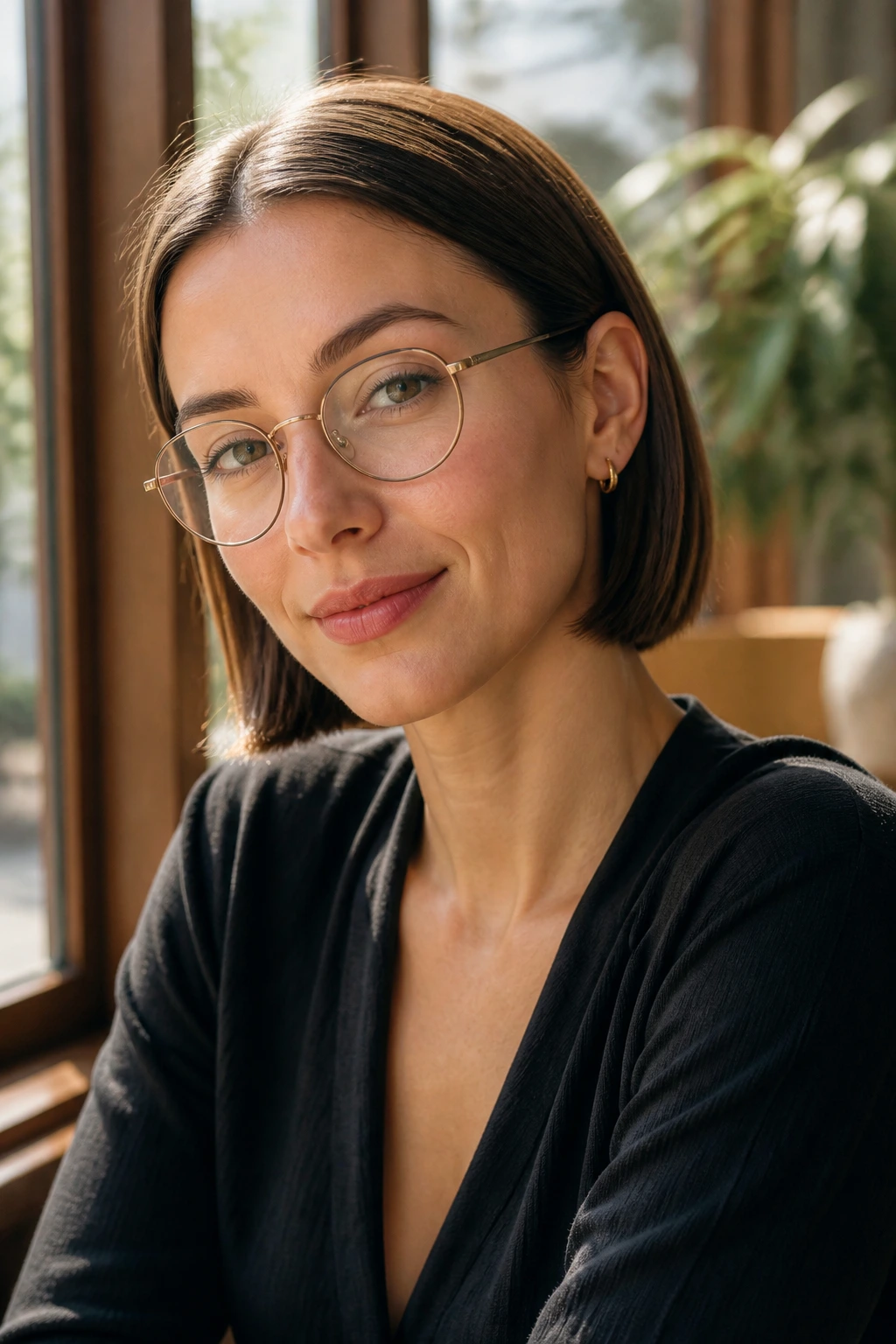 Close-up of a woman with a blunt bob tucked behind the ears, wearing glasses and earrings, in a sunlit cafe.