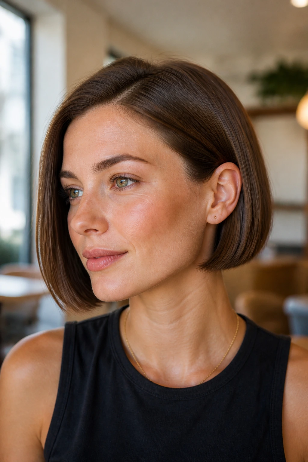 Woman with blunt bob and tucked ends behind the ear