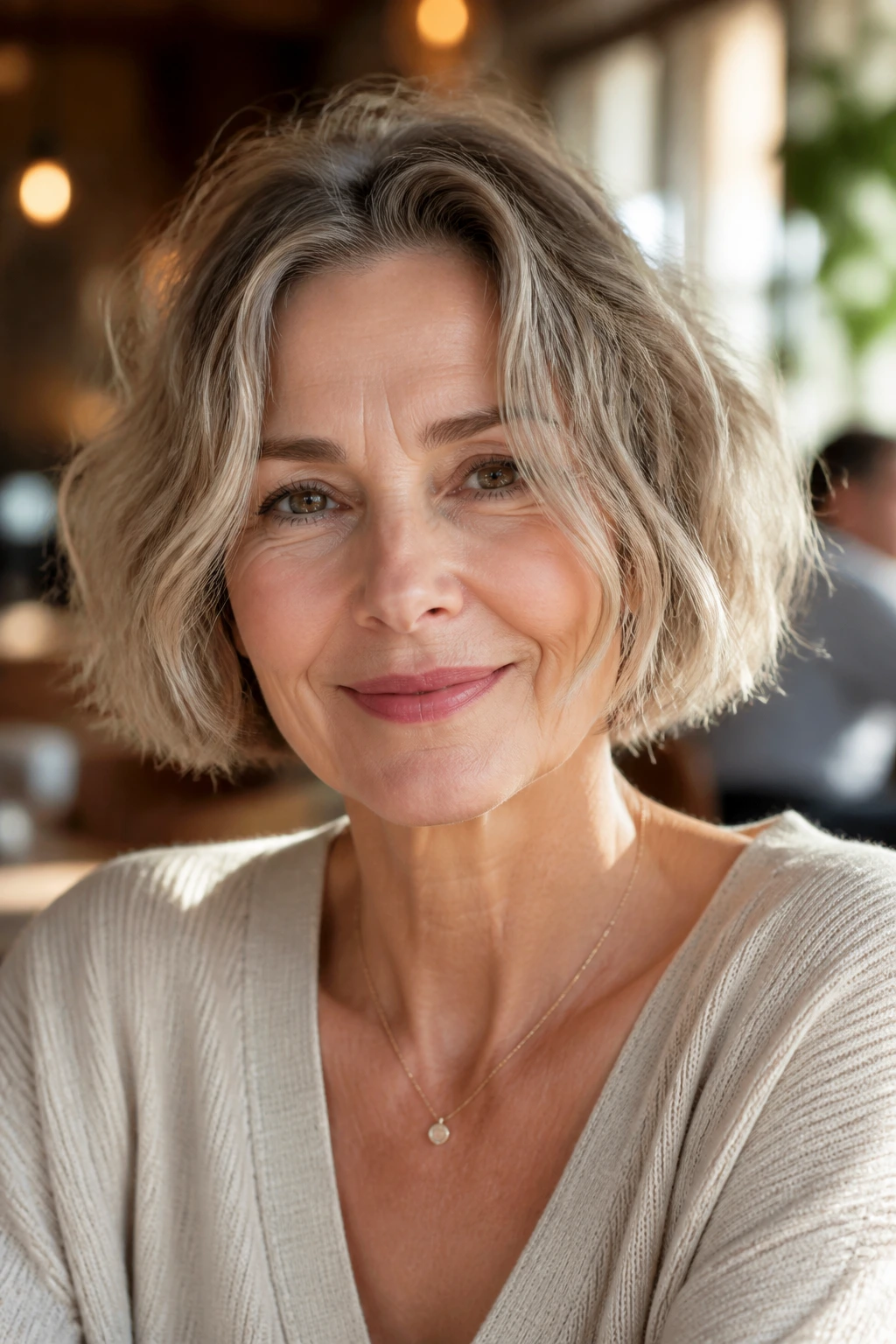 Close-up of a real woman with a blunt bob and undone texture in warm sunlight.