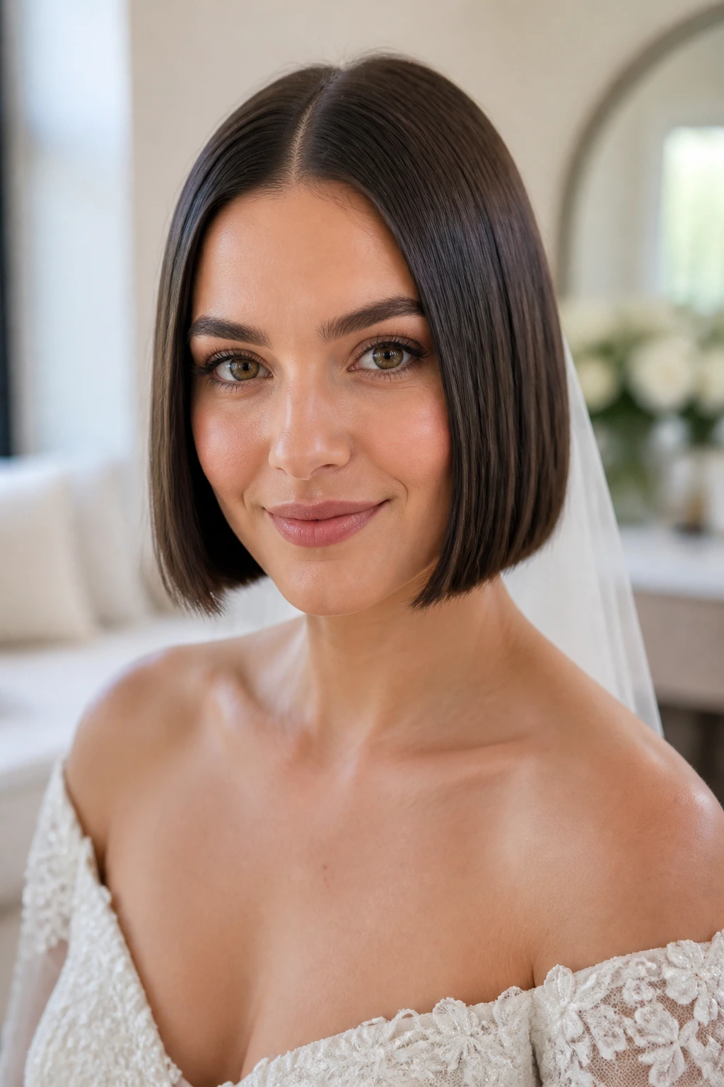 Bridal close-up of a blunt, straight, shiny bob with middle part