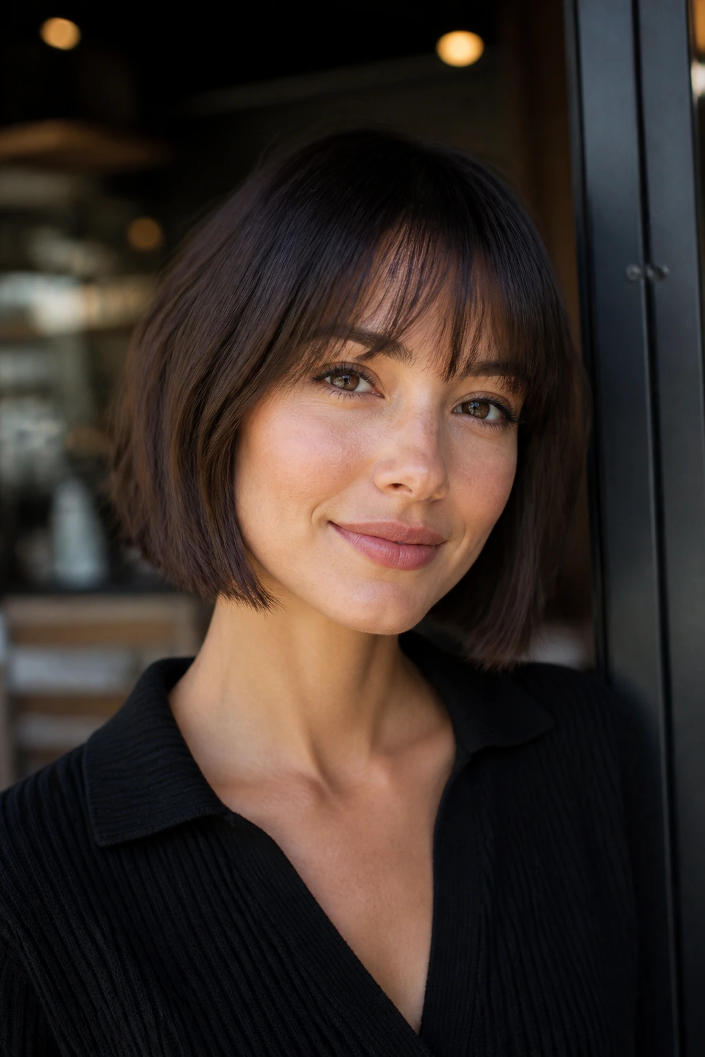 Close-up portrait of a real woman with blunt bob softened by wispy bangs in a bright cafe doorway