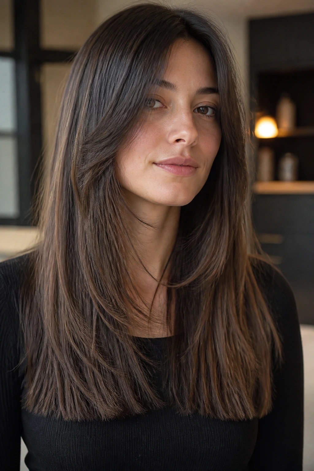 Portrait of a person with blunt bottom line and long interior layers