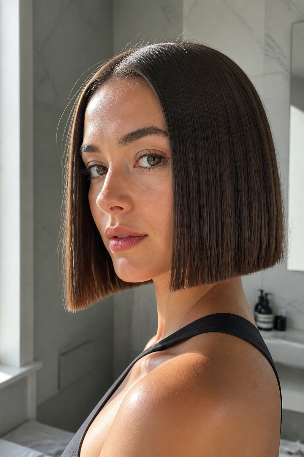 Portrait of a person with a blunt box bob in bright natural light