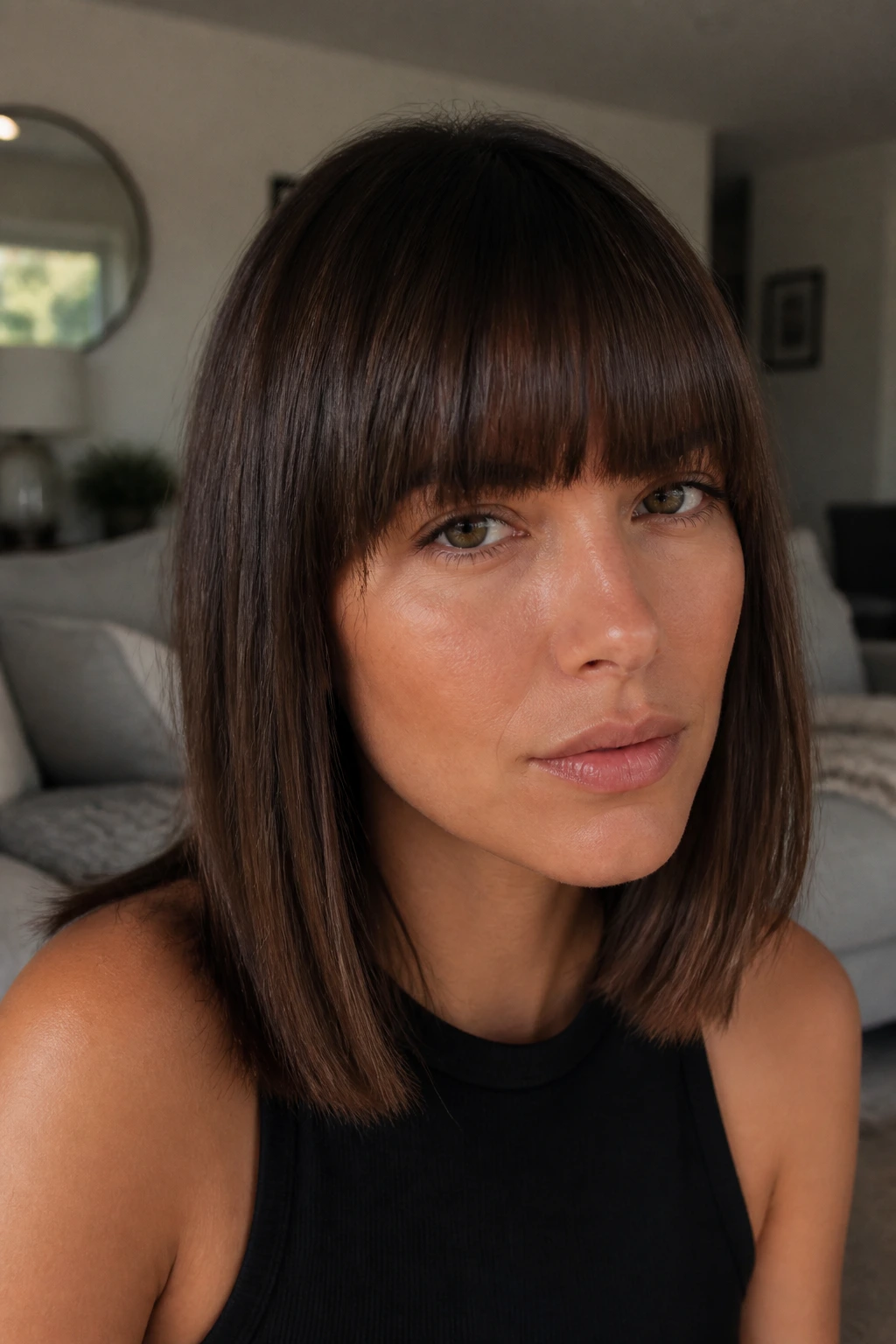 Close-up of blunt brow-grazing bangs on medium-length hair