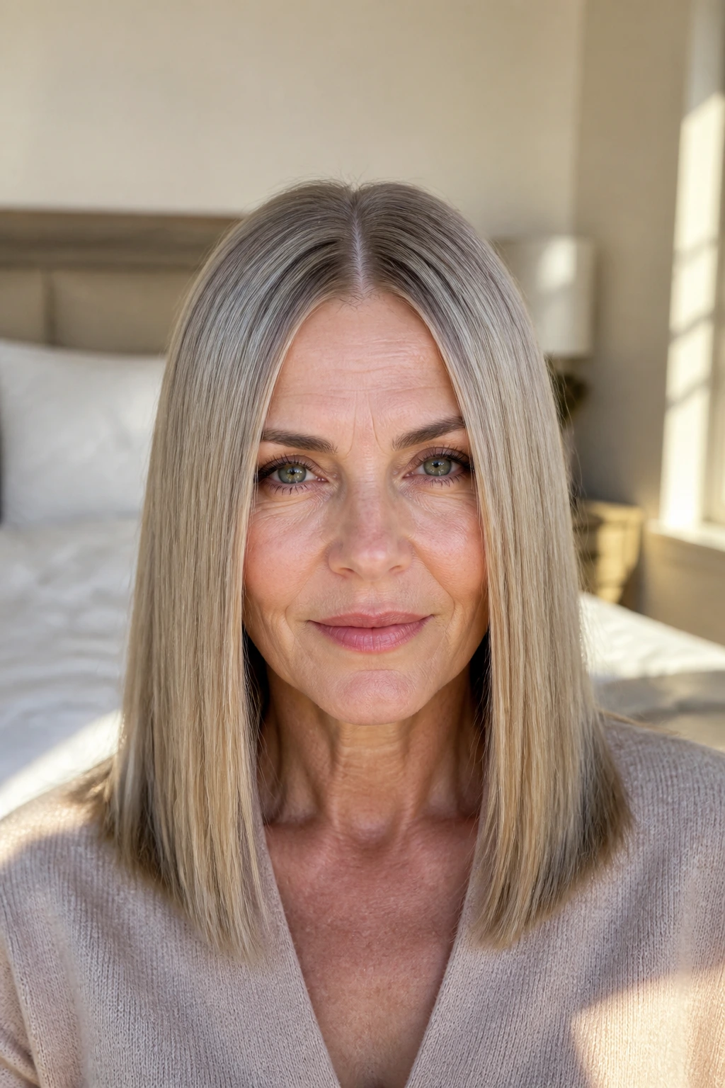 Real woman with blunt center-parted long straight hair showing dense silhouette