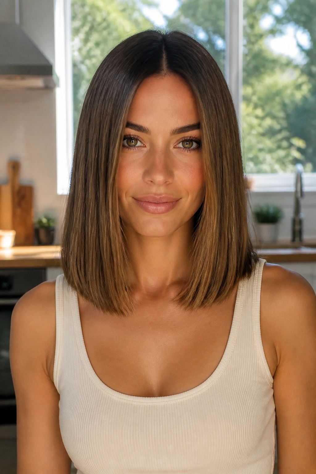 Front portrait of a real woman with a blunt center-part lob