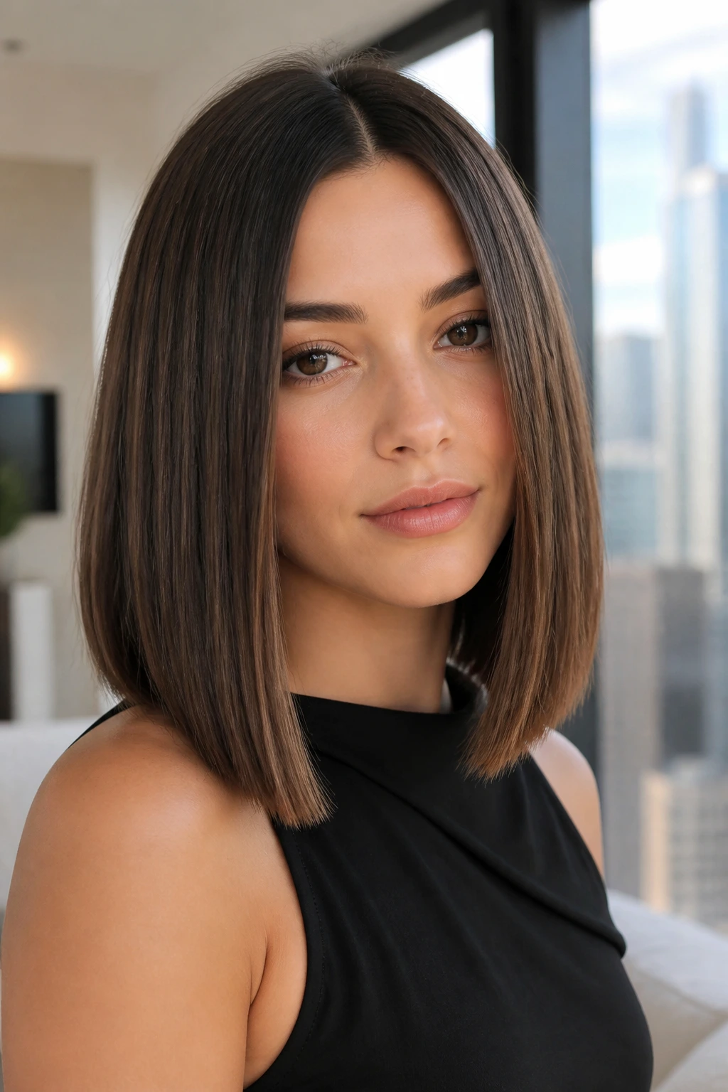 Close-up of blunt center-part lob at collarbone length on a real person.