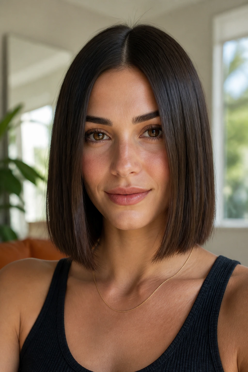 Portrait of a woman with blunt center-part lob in bright room