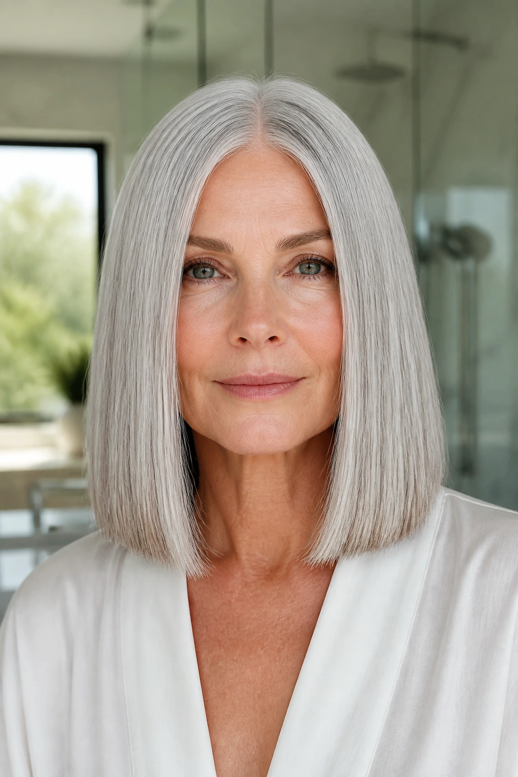 Close-up of blunt center-part silver lob on a real person with crisp line