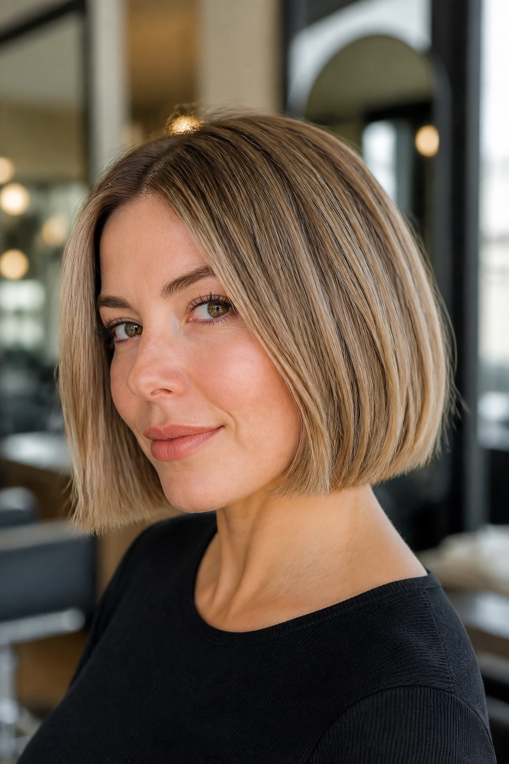 Real woman with blunt chin-length bob, showing a crisp, even hem and subtle wave