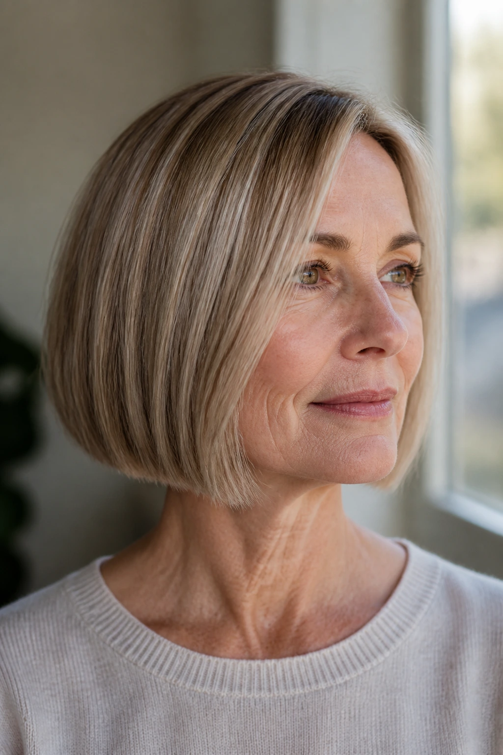 Close-up of a real person with a blunt chin-length bob and dimensional babylights