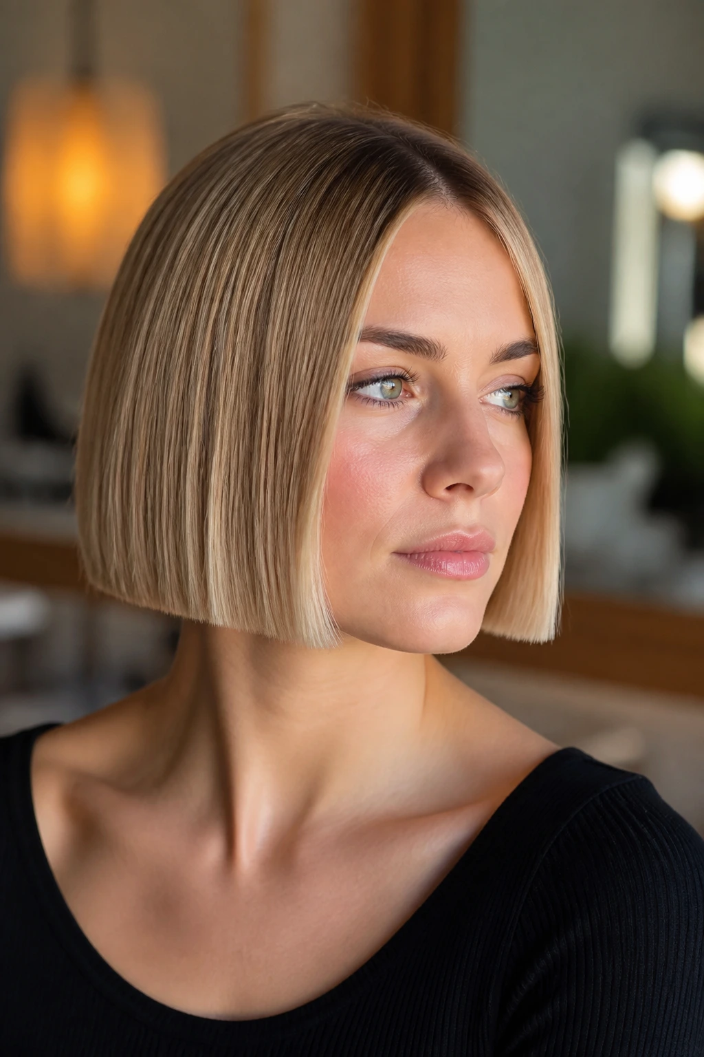 Close-up of a woman with a blunt chin-length bob and crisp ends.