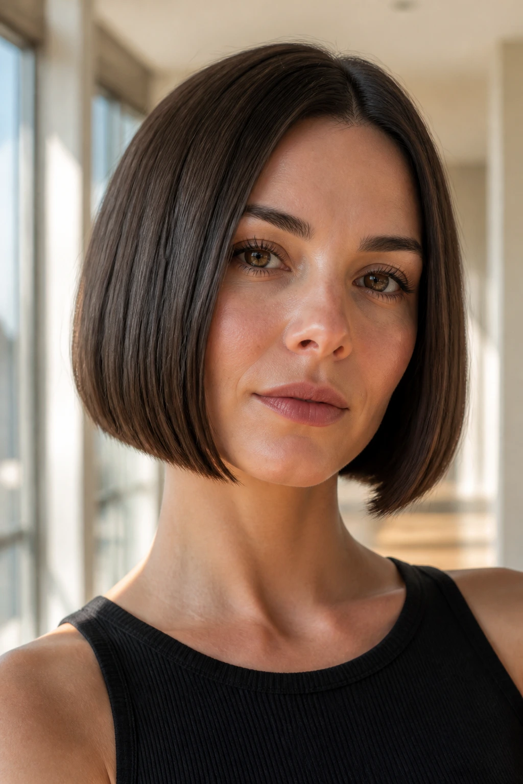 Real woman with blunt chin-length bob and crisp edge