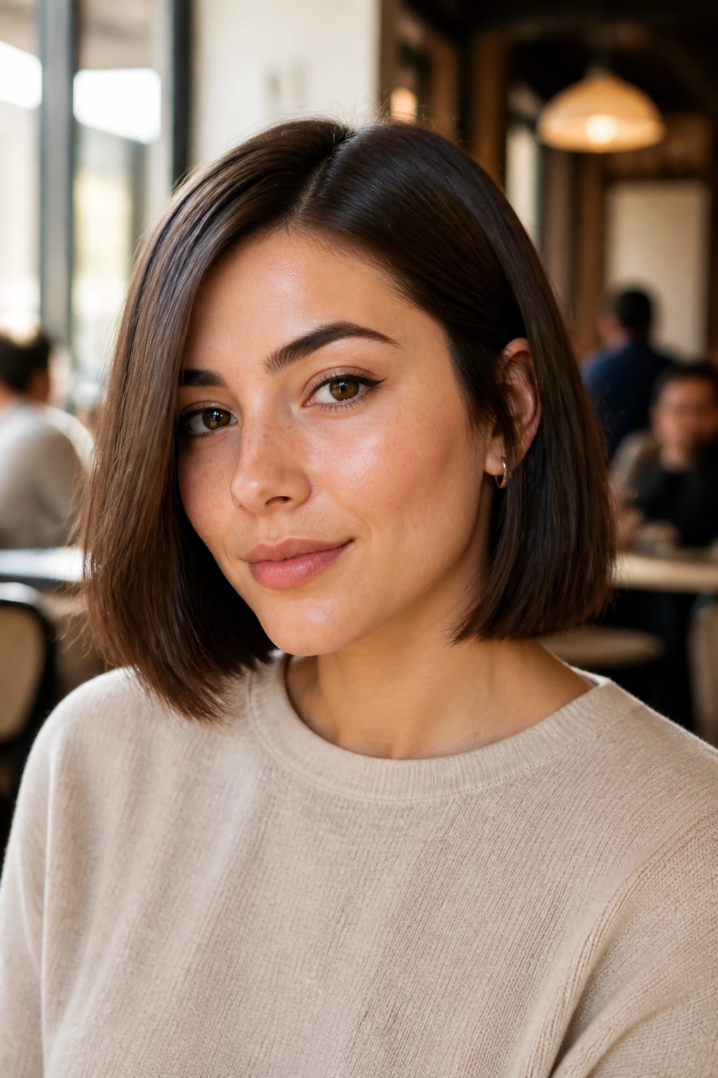 Real woman with blunt chin-length bob in a cafe setting