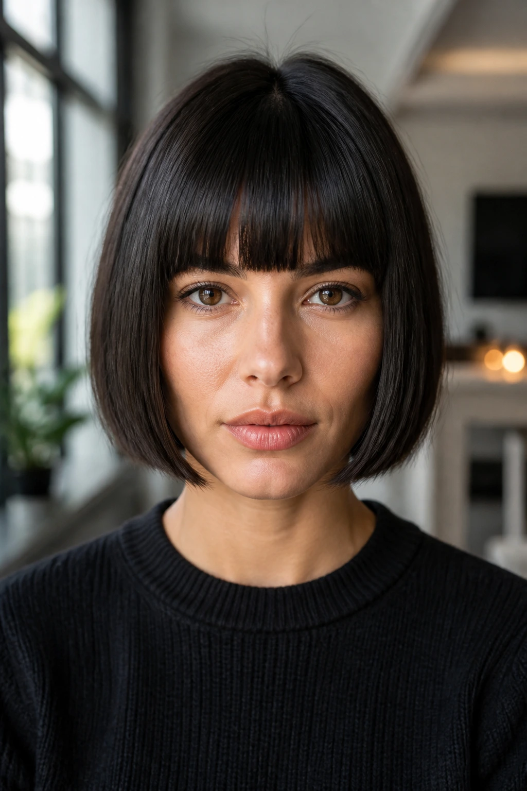 Close-up of blunt chin-length bob with full bangs on a real woman