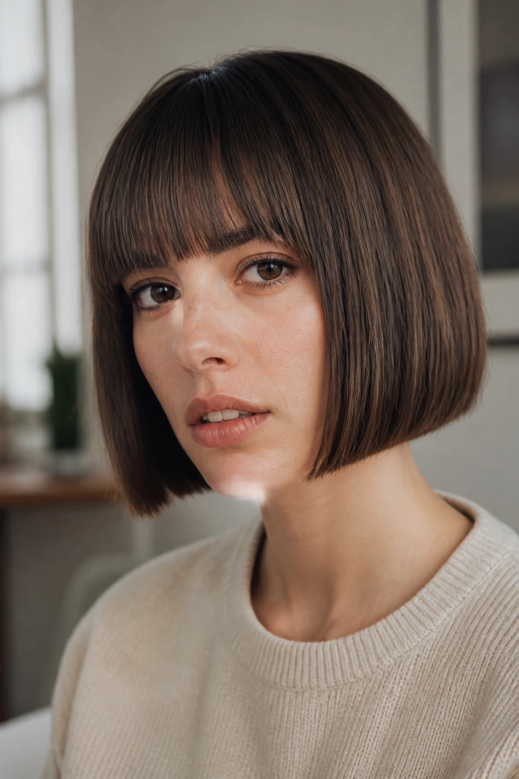 Real woman with blunt chin-length bob and full bangs