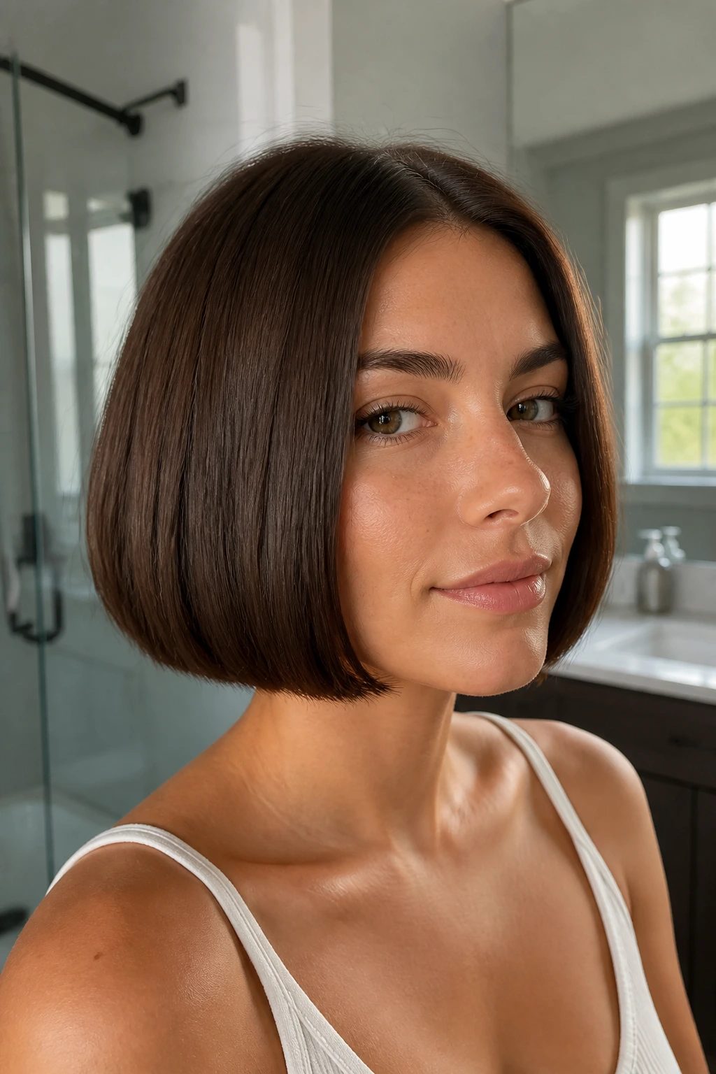 Real woman with blunt chin-length bob showing a crisp edge