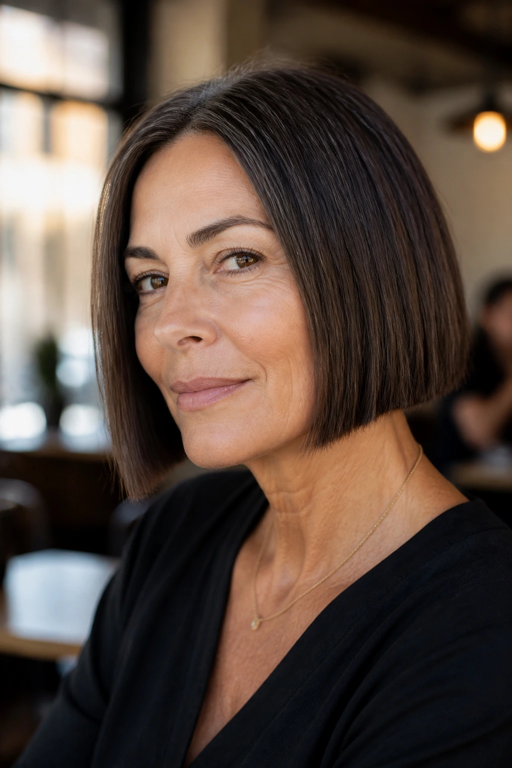 Real woman with blunt chin-length bob and crisp line