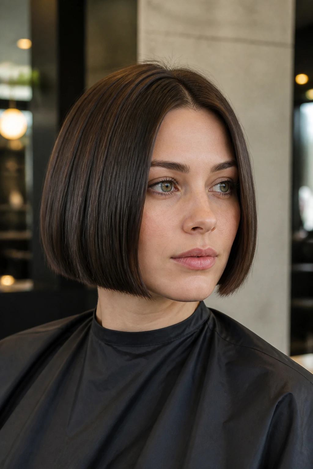 Close-up of real woman with blunt chin-length bob in a salon