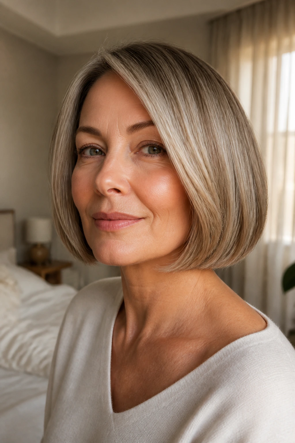 Close-up of a real woman with a soft blunt chin-length bob in sunlit bedroom.
