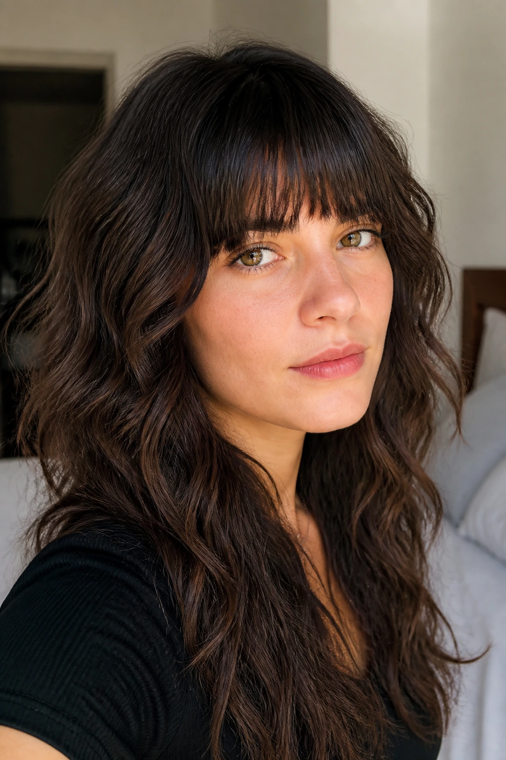 Close-up portrait of a real woman with soft blunt-choppy hybrid bangs on thick wavy hair in warm window light