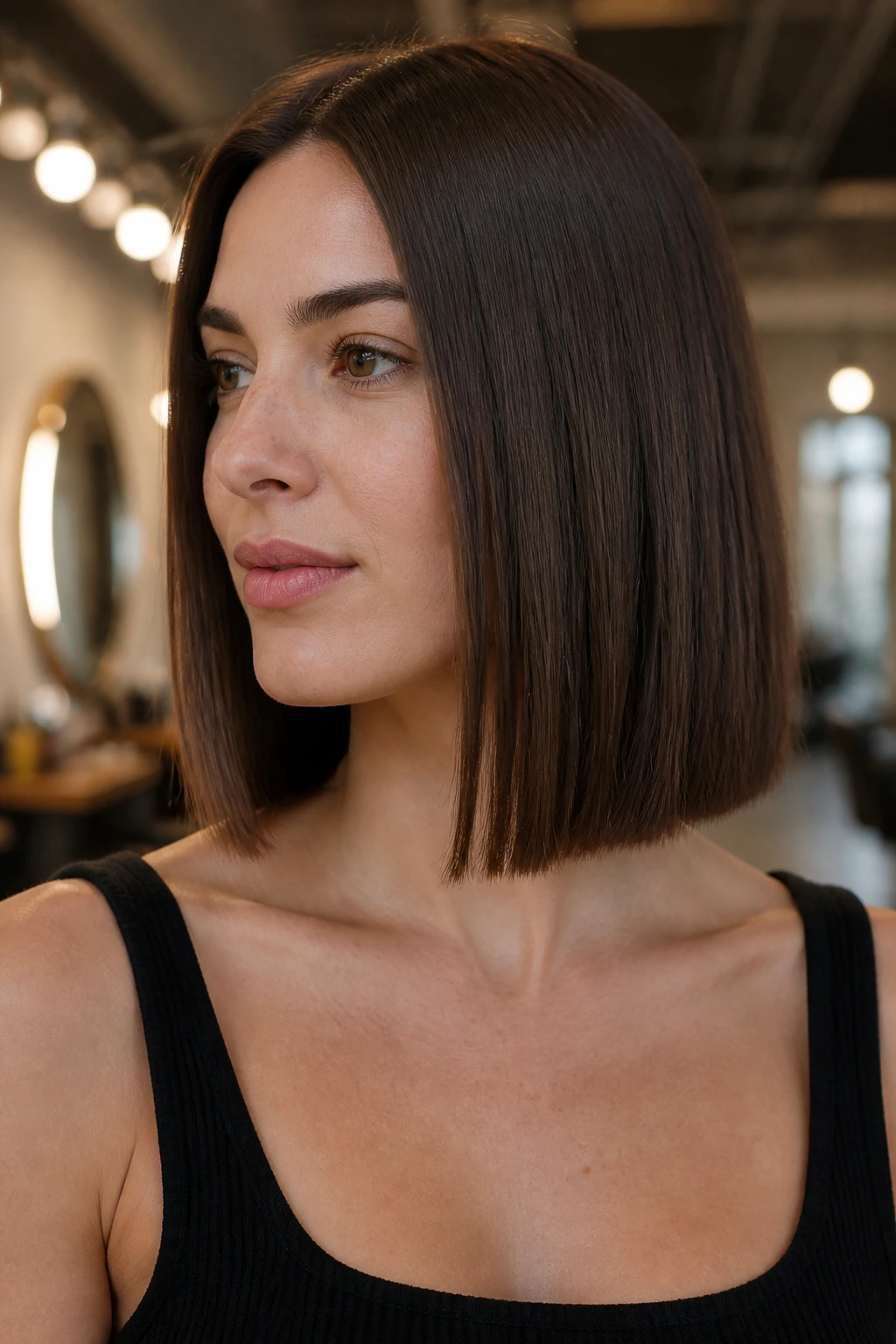 Close-up of a woman with a blunt collarbone-length bob in warm light.