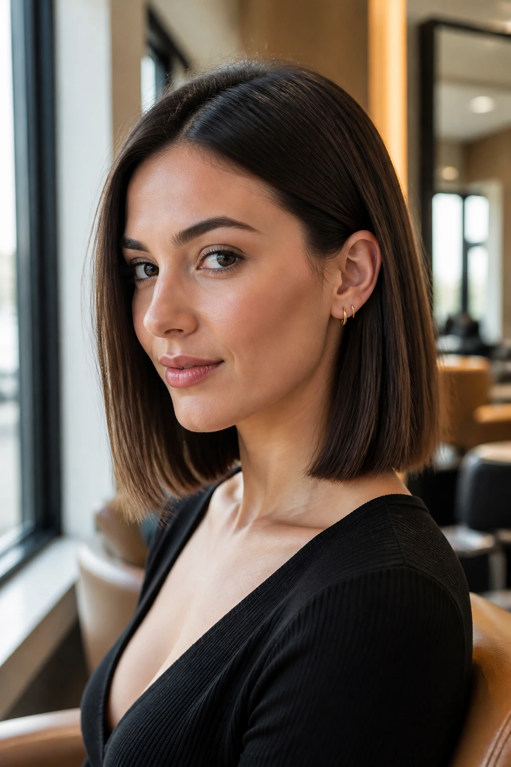 Close-up portrait of a real woman with a blunt collarbone bob featuring a straight blunt edge at the collarbone