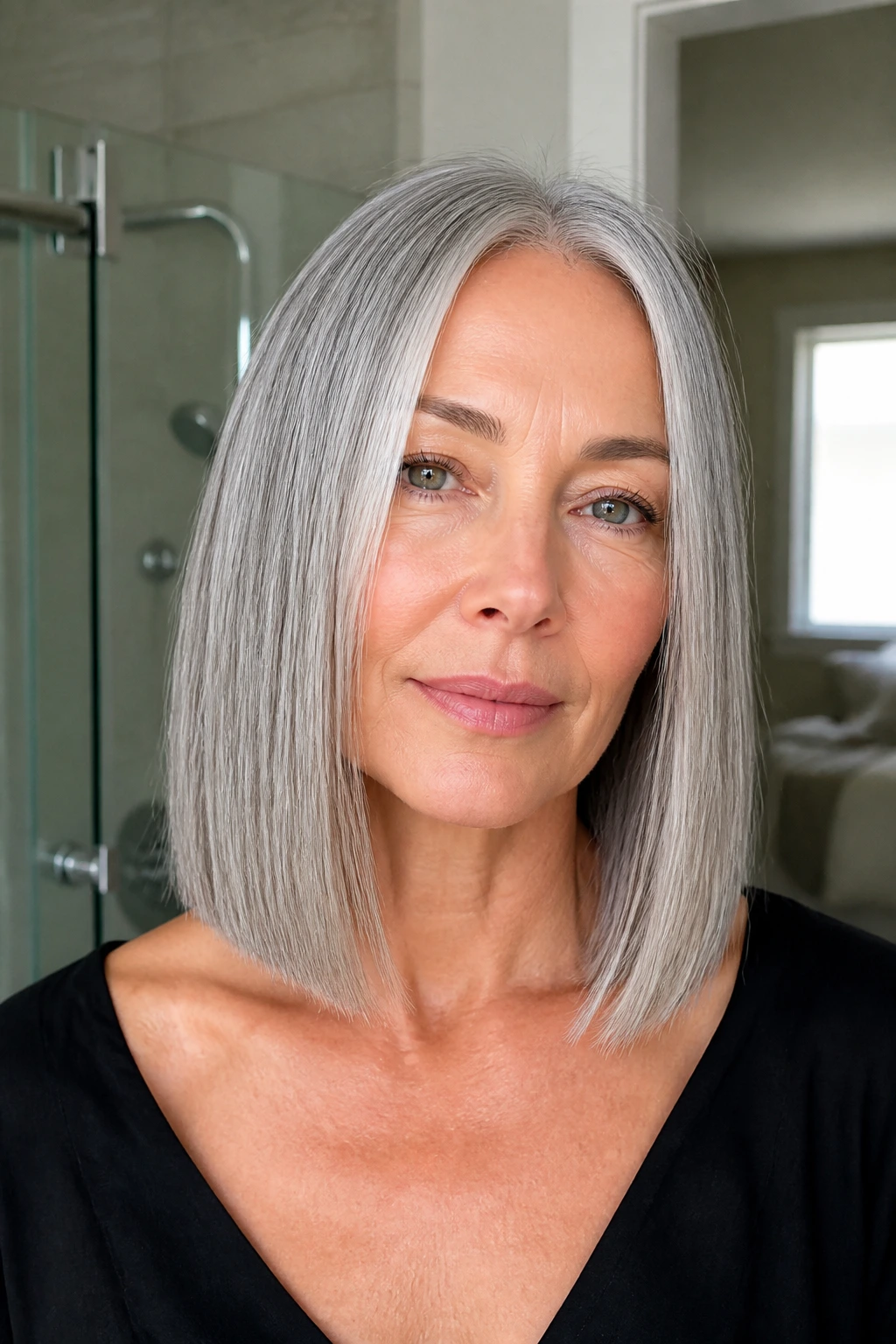 Close-up of a real woman with blunt collarbone gray hair.