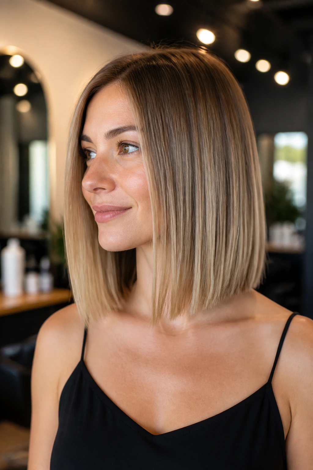 Close-up of blunt collarbone lob on a real woman in a chic salon
