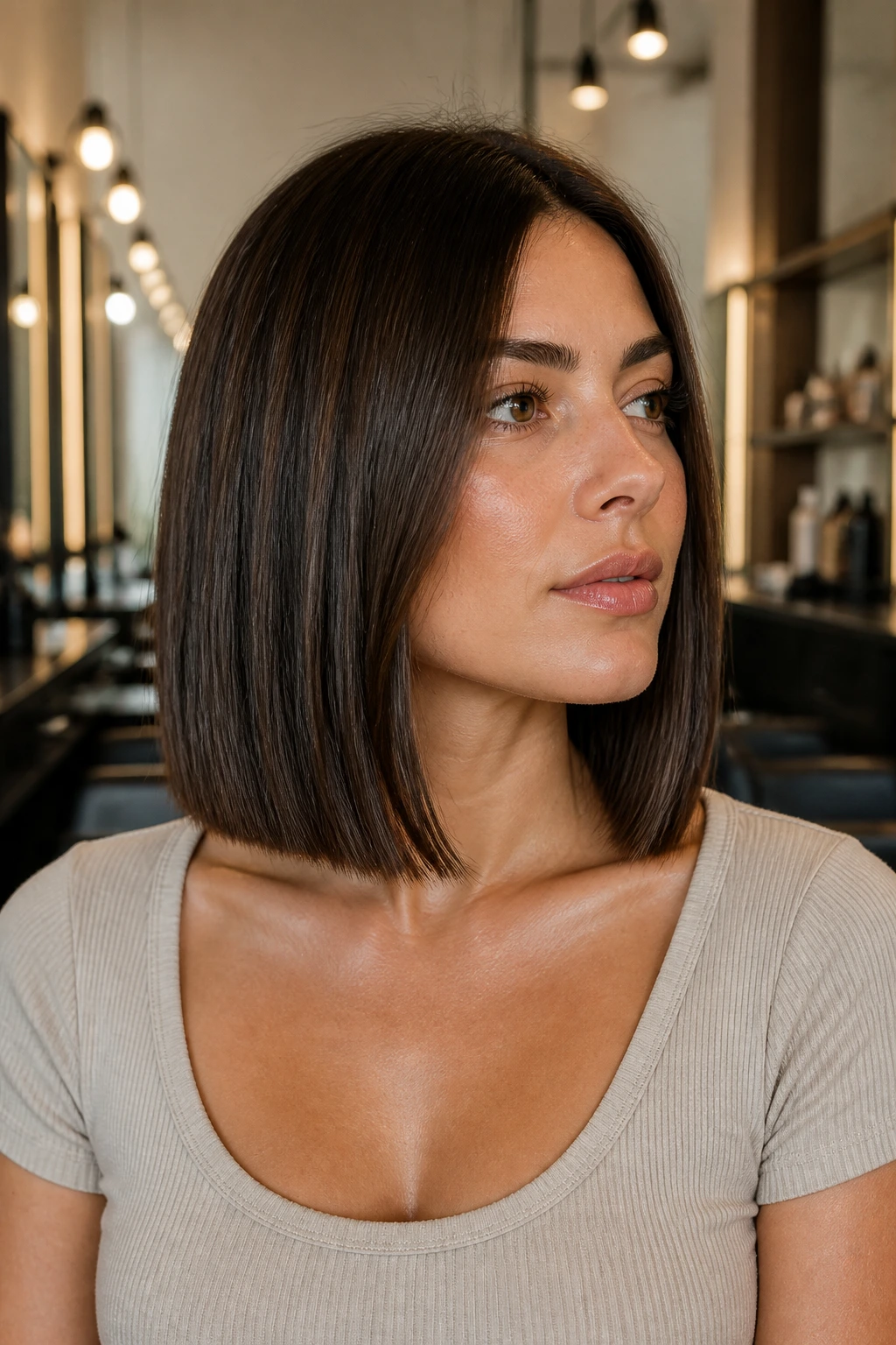 Portrait of a real person with a blunt collarbone-length lob and a clean, level edge.