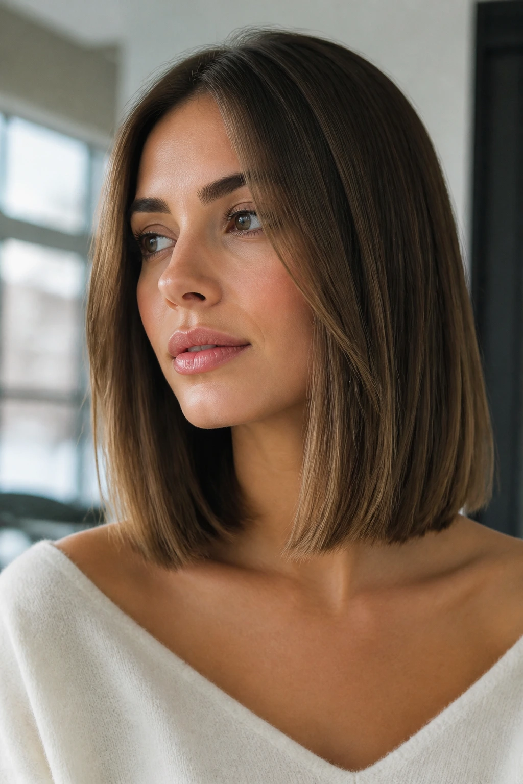 Close-up portrait of a real woman with a blunt collarbone lob and blunt ends at the collarbone
