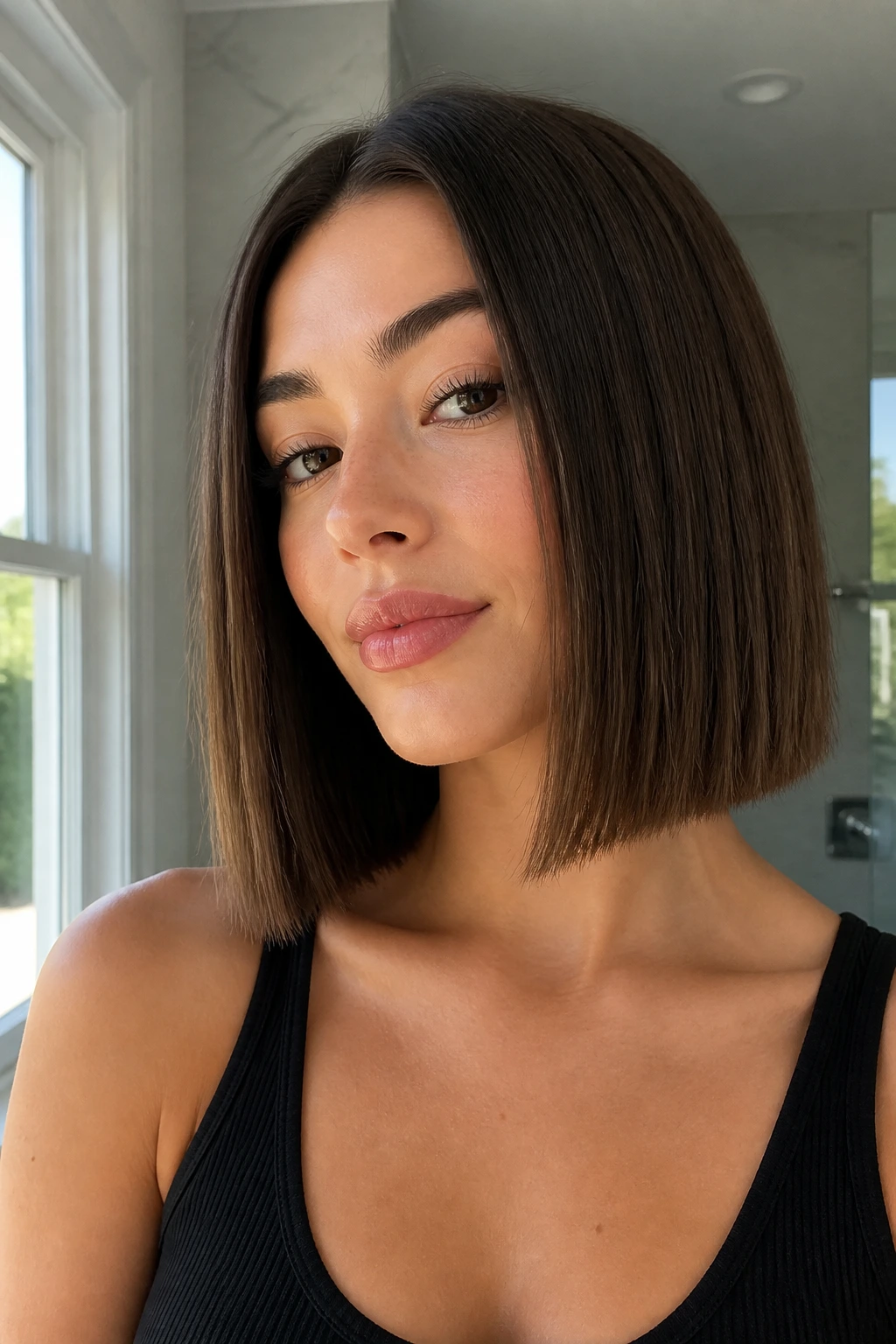 Real person with blunt collarbone lob, clean line at collarbone length in natural light