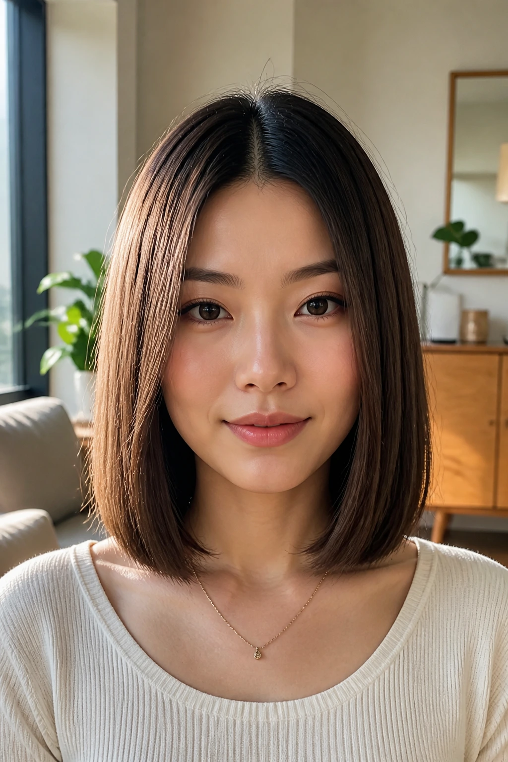 Close-up portrait of an Asian woman with blunt collarbone-length lob and center part