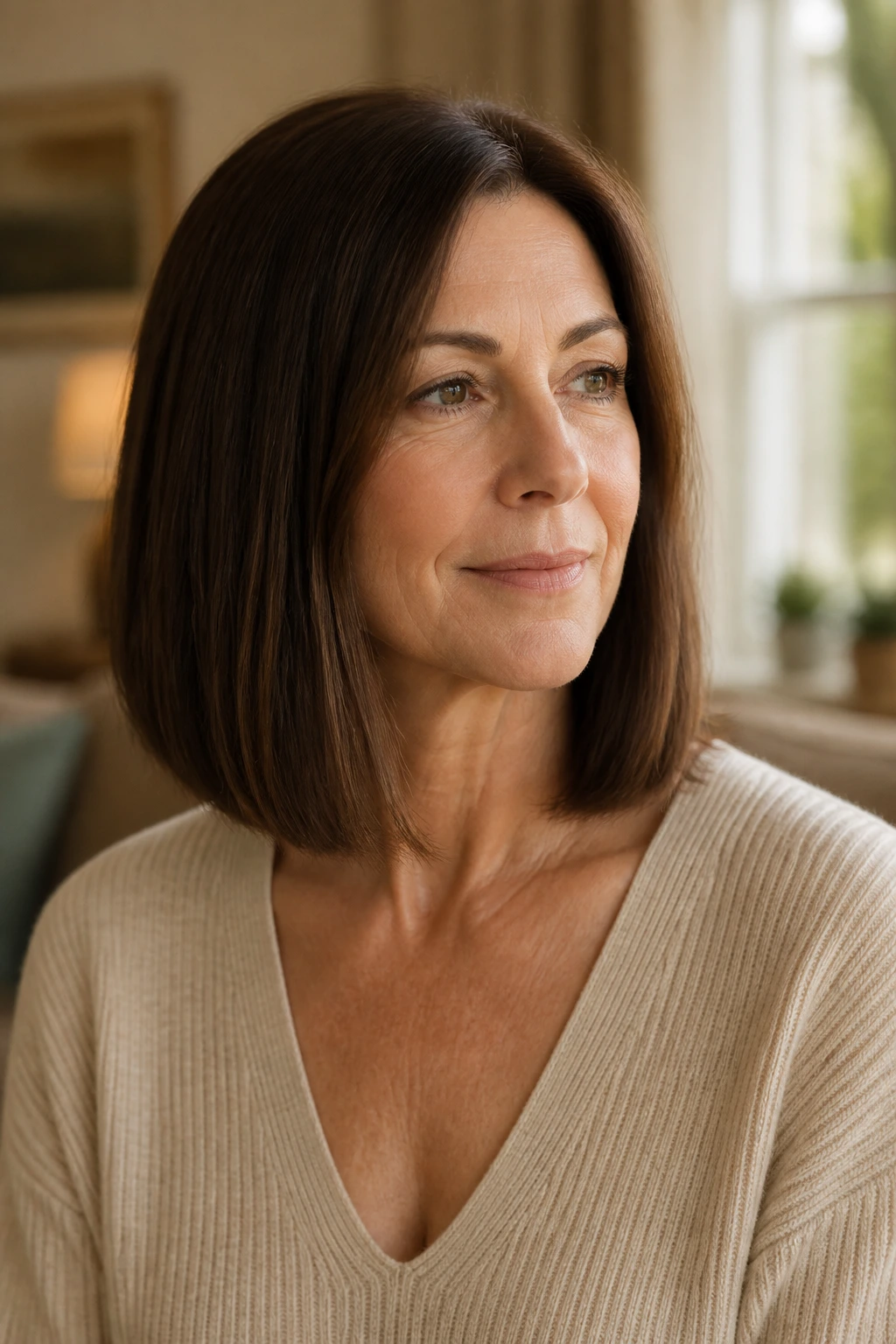 Real woman with blunt collarbone-length lob in deep chestnut shade, close-up portrait