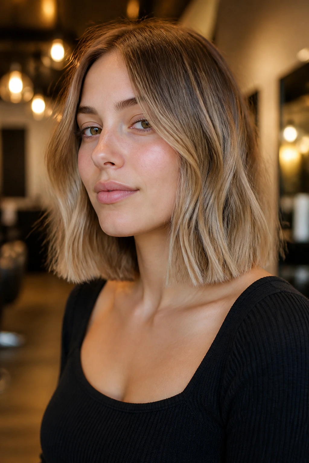 Close-up of a real woman with blunt collarbone-length lob and crisp edge