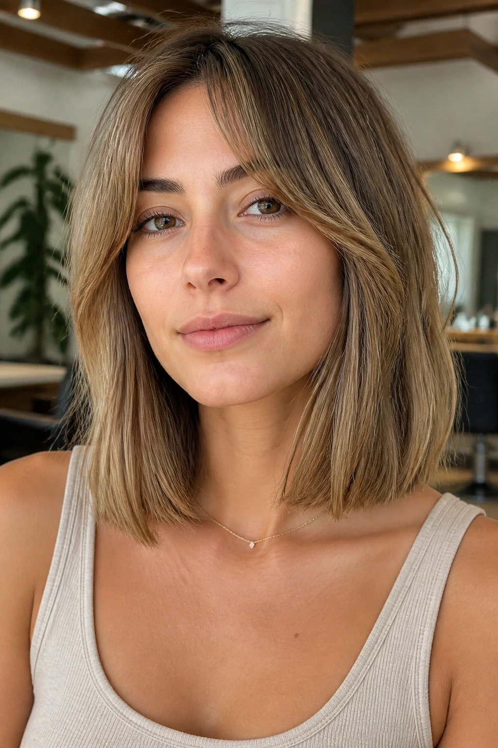 Close-up portrait of a real woman with a blunt collarbone lob and curtain bangs