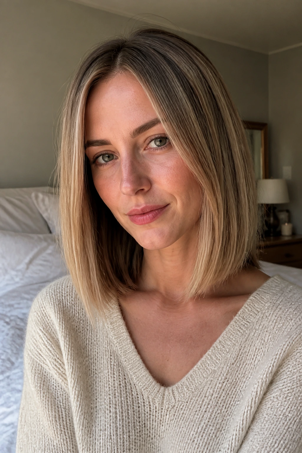 Real woman with blunt collarbone lob in soft natural light