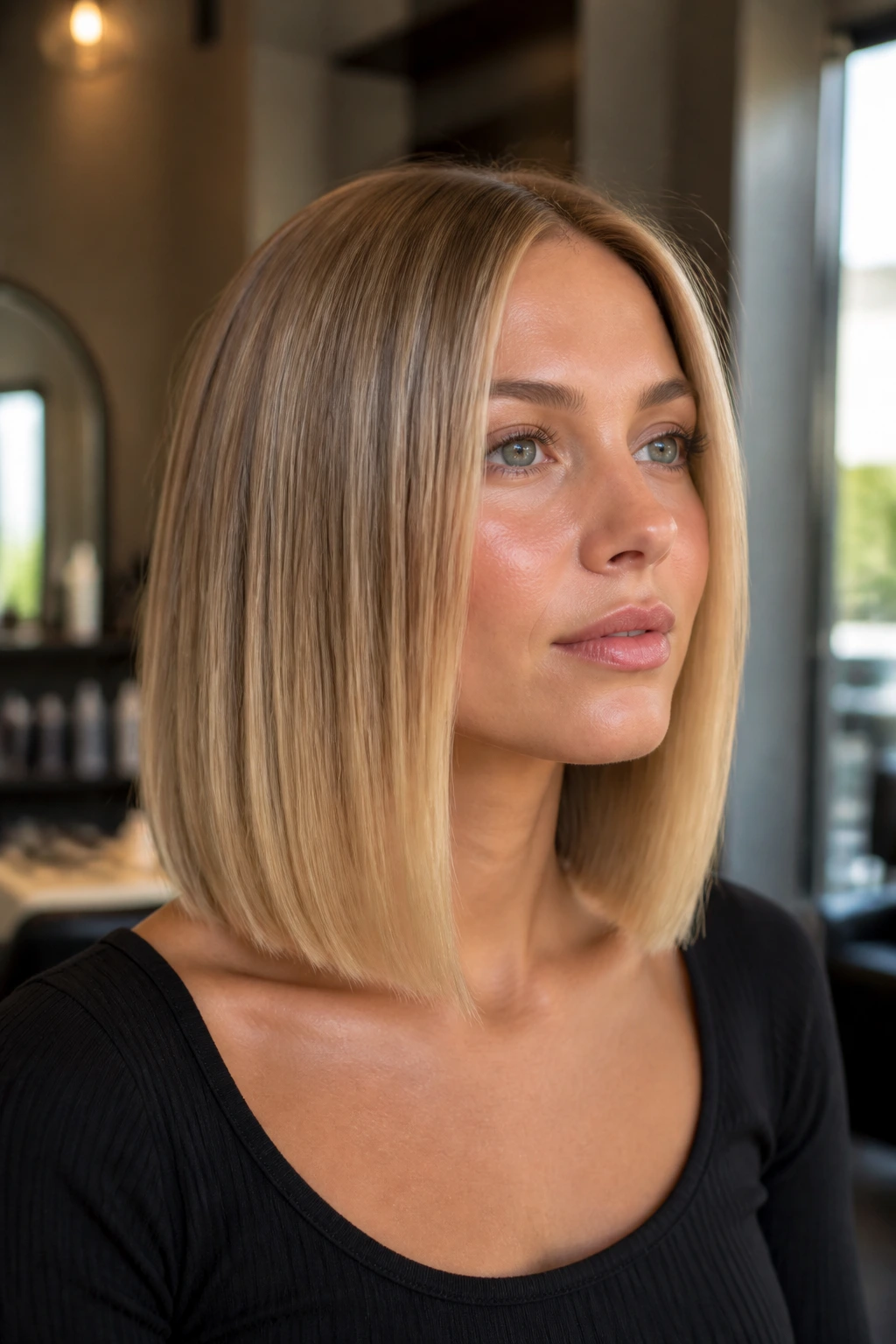 Close-up of a real person with blunt collarbone lob in a salon