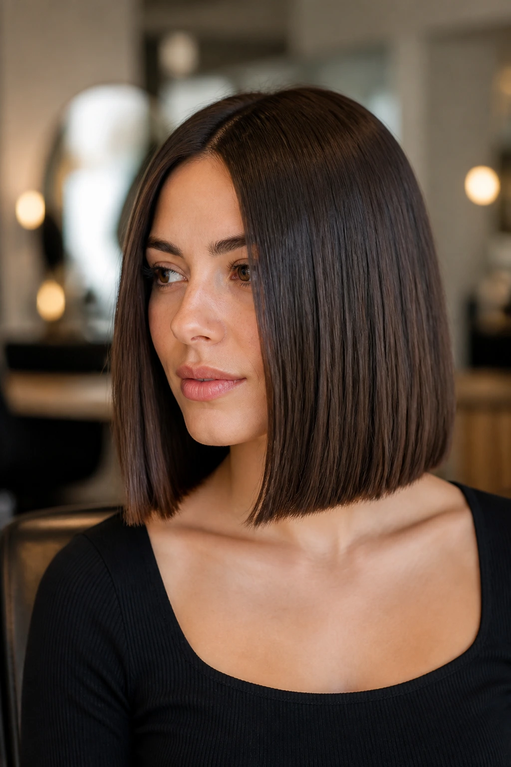 Close-up of a blunt collarbone lob on a real person, straight edge at collarbone
