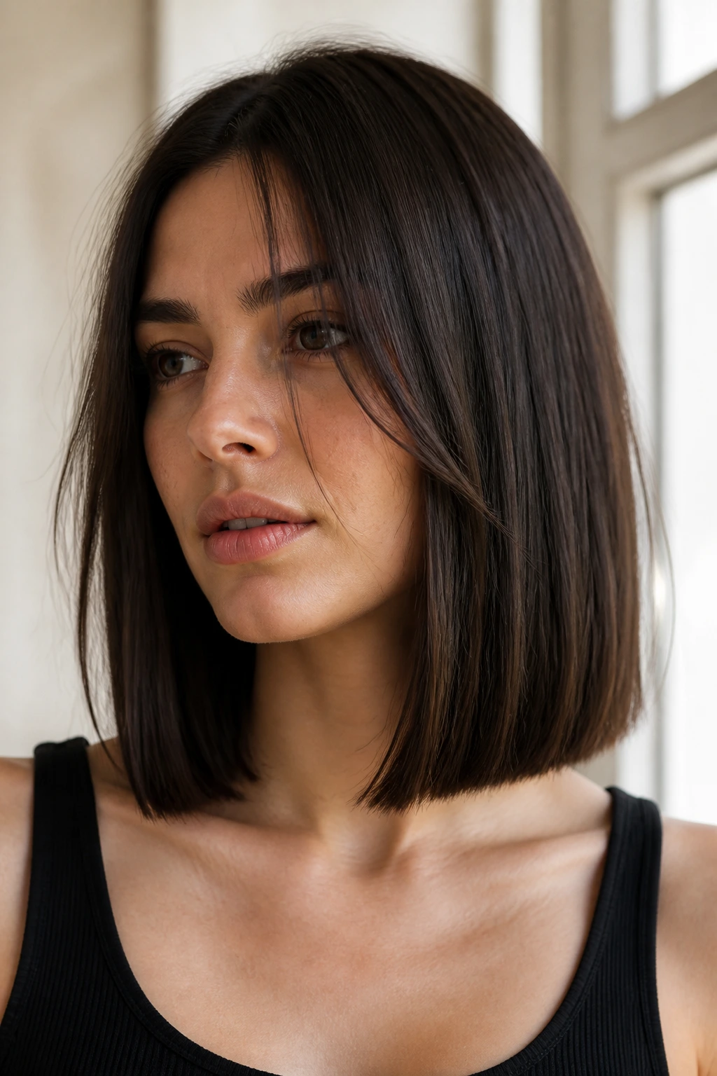 Close-up of a real woman with blunt collarbone-length lob in bright interior light